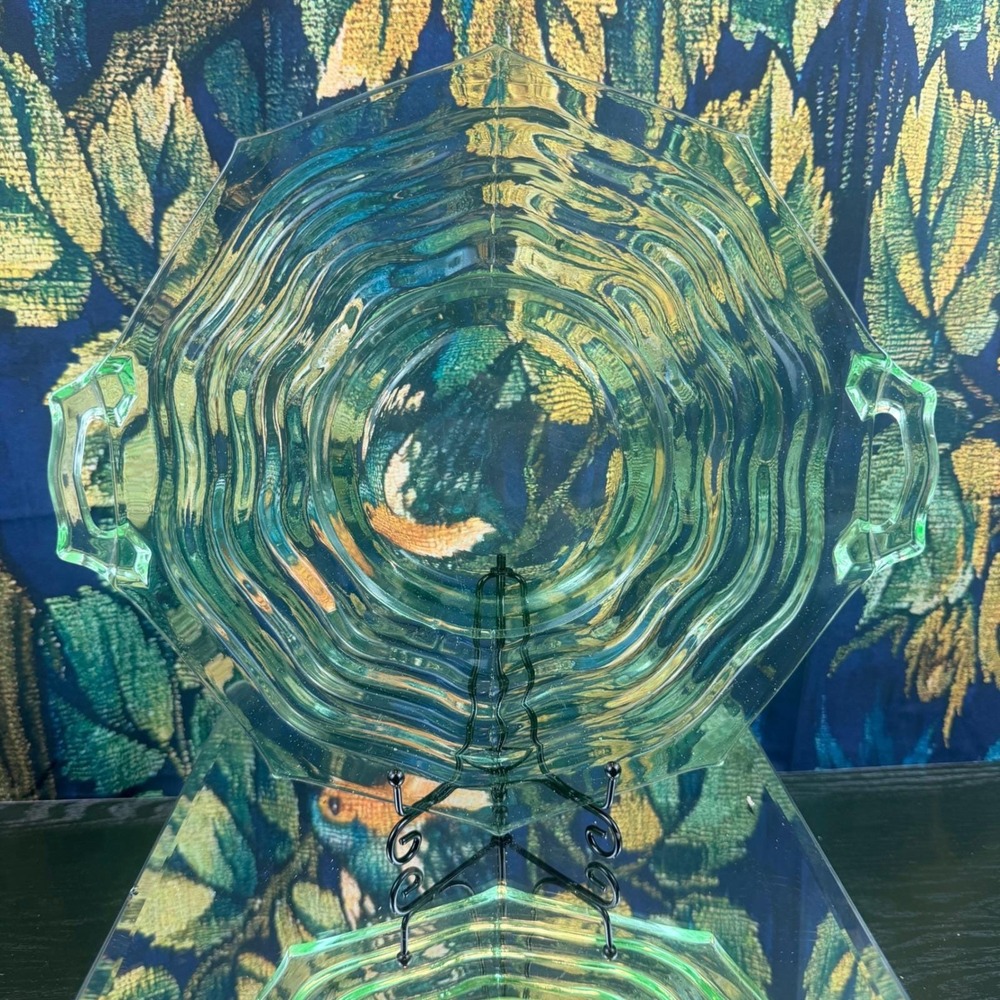 Jenkins Ocean Wave Green Uranium Glass Serving Tray Octagonal Handled 11.5"